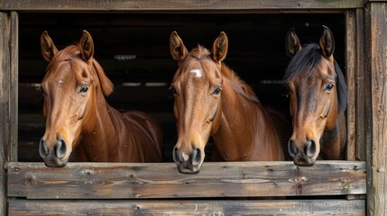 Obraz premium Three horses peering out from a wooden stable, capturing their curious expressions and showcasing their brown coats and beautiful features. 