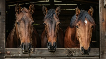 Three brown horses standing side by side in a wooden stable, showcasing their serene and curious expressions.
