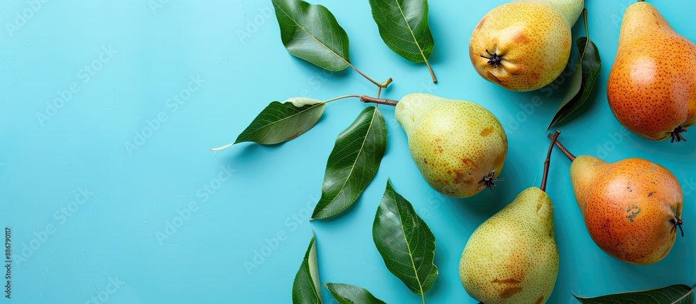Poster fresh pears and leaves set against a blue backdrop provide a vibrant composition with an inviting co