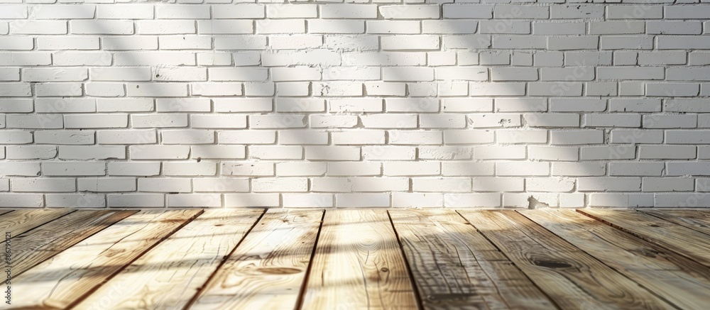 Aufkleber mockup scene with empty copy space image on a wooden surface against a white brick wall background, 