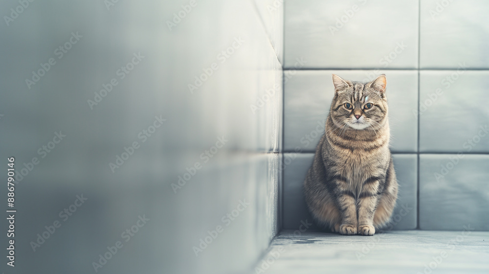 Wall mural A cat is sitting on a tile floor in a bathroom