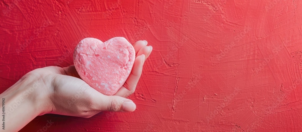 Aufkleber a hand showcasing a pink heart-shaped marshmallow with a vibrant red background, suitable for a copy