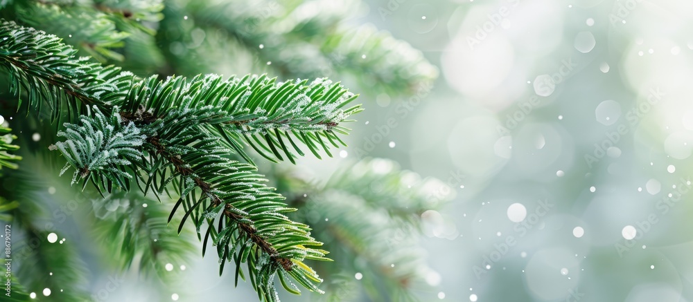 Leinwandbilder Spruce branch in close-up view with empty space around it for adding text or graphics, illustrating a natural theme.