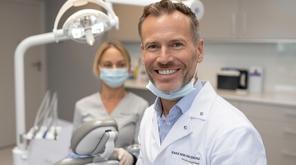 Smiling dentist examining a patient and promoting oral health. Diverse dental team providing expert care and compassion in a professional clinic. Portrait, Realistic Photo, High resolution, Half-body