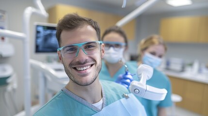 Obraz premium Smiling dentist examining a patient and promoting oral health. Diverse dental team providing expert care and compassion in a professional clinic. Portrait, Realistic Photo, High resolution, Half-body