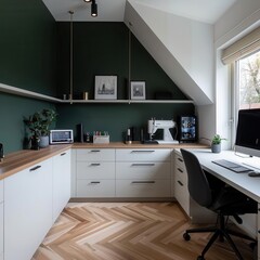 Fototapeta premium Modern home office with white cabinets, green wall, and a large desk.