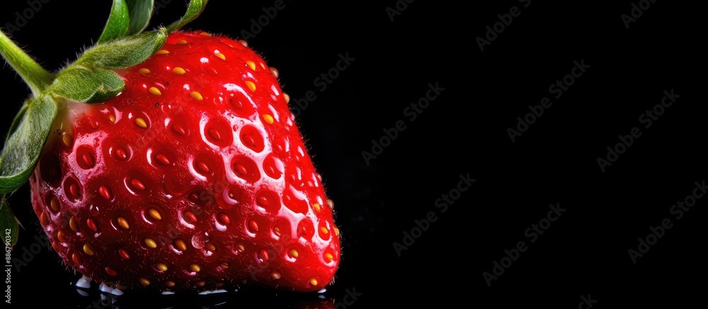Poster Close-up of a strawberry on a black background with copy space image.