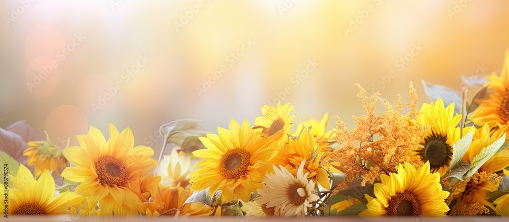 Poster Fresh sunflowers and asters frame a blurred autumn background with sun rays, ideal for a copy space image.