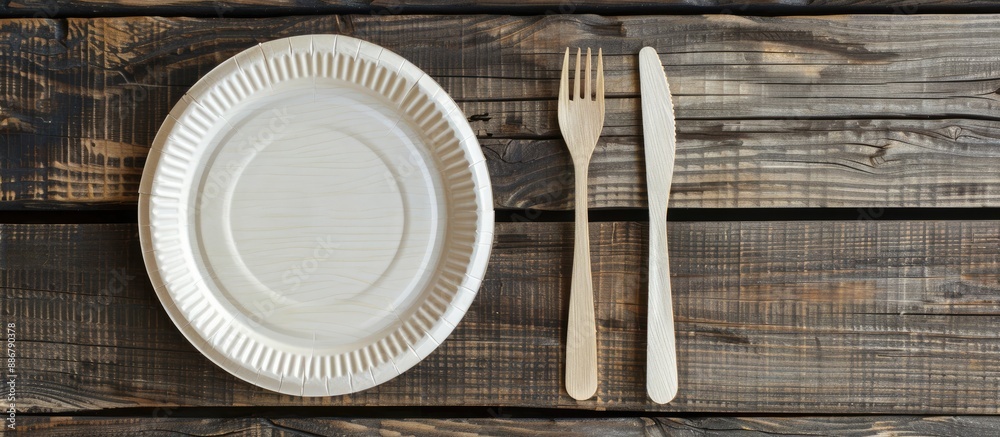 Aufkleber Eco-friendly paper plate and fork set displayed on a rustic wooden table with ample space for adding text or images.
