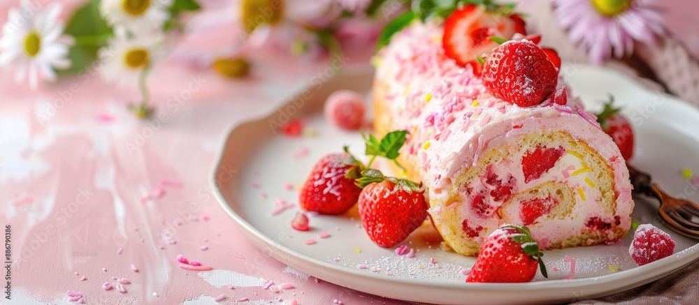 Aufkleber Strawberry Swiss roll cake displayed on a white plate with a pink hue, against a background suitable for adding text or other elements, with copy space image.