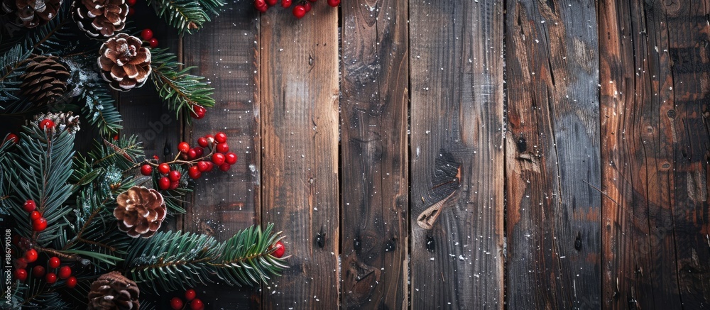 Poster Background with Christmas theme featuring a rustic wooden texture, ideal for displaying text or images; perfect to add a festive touch to your designs - copy space image.