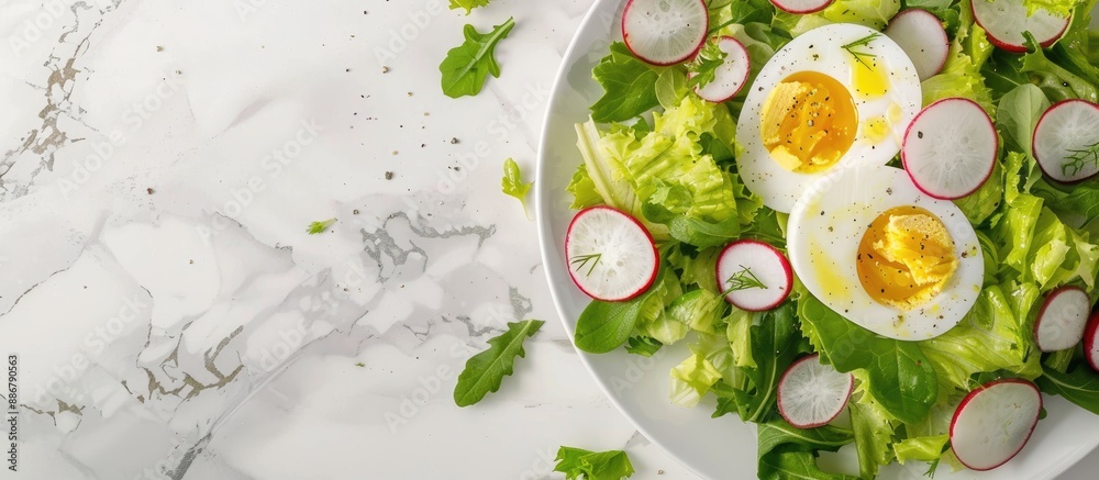 Poster top view of a salad featuring radishes, boiled egg, and mixed lettuce leaves as an appetizing snack 
