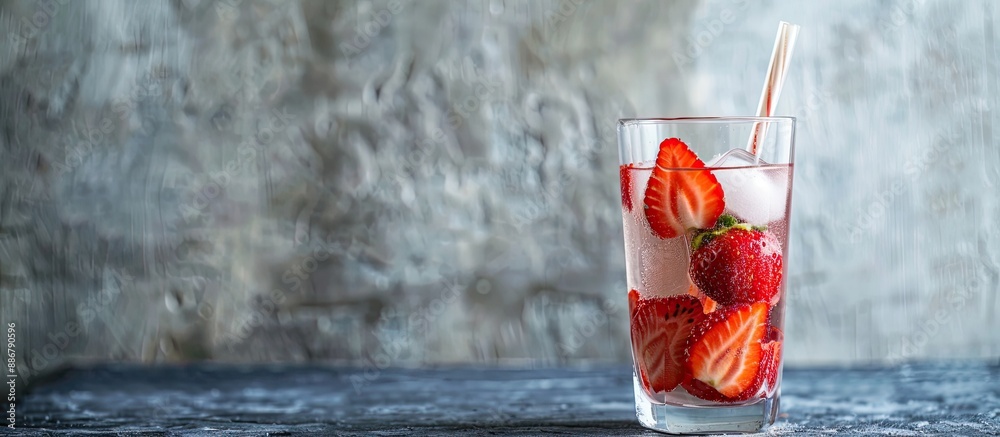 Poster glass with a straw holding a mix of sliced strawberries on a gray backdrop, with available copy spac