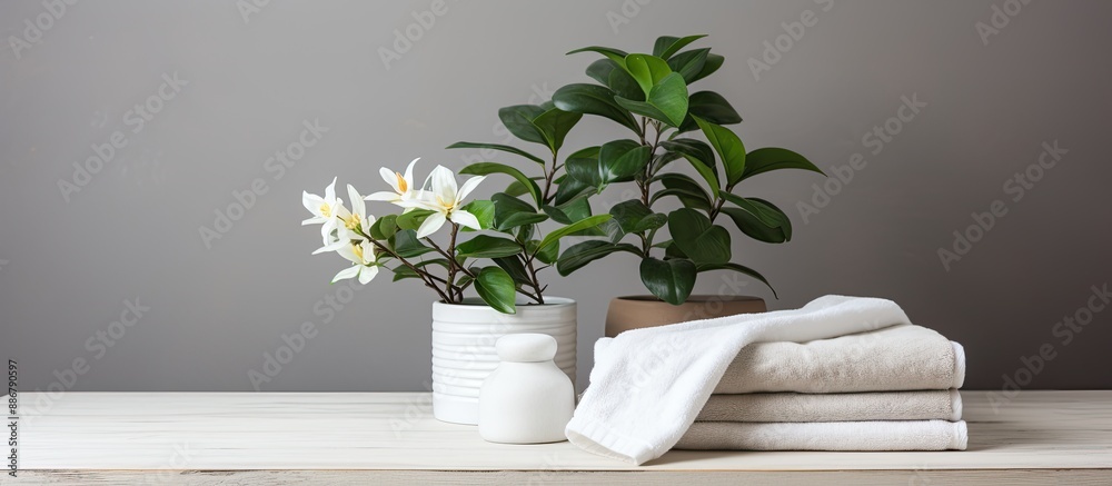 Poster a white table displaying towels, a houseplant, and featuring copy space image for product showcase.