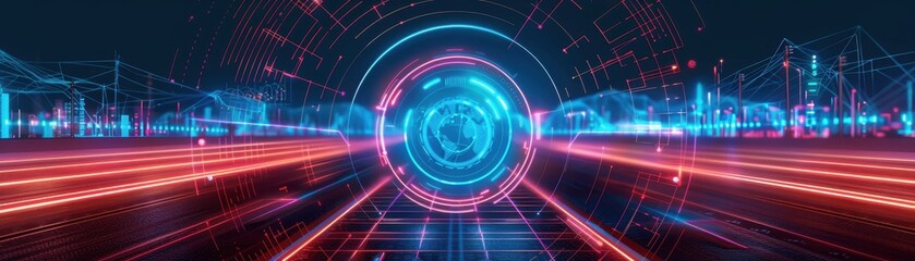 Futuristic digital cityscape with neon lights, glowing lines, and a central abstract circle representing advanced technology and innovation.
