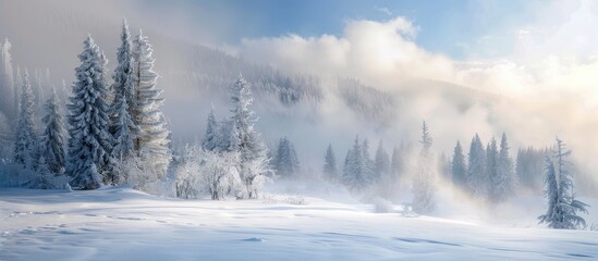 Scenic mountain blizzard with clouds, fog, and trees in mist on a snow-covered meadow on a cold winter morning, creating a magical copy space image.