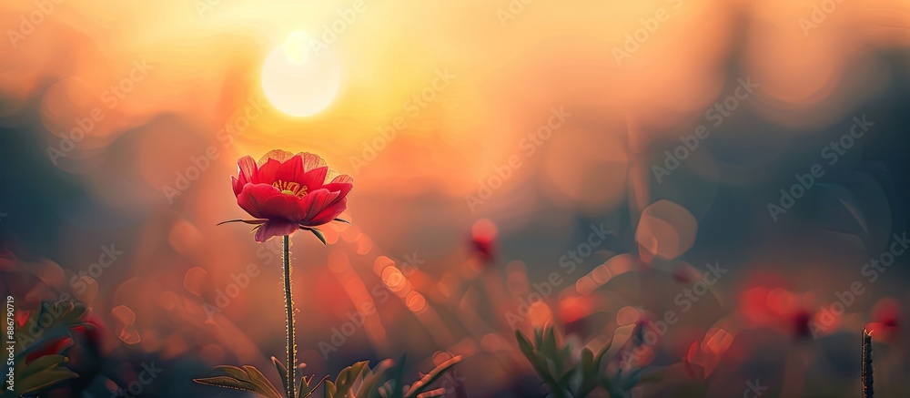 Poster selective focus beautiful red buttercup flower in a field at sunset with soft nature light, creating
