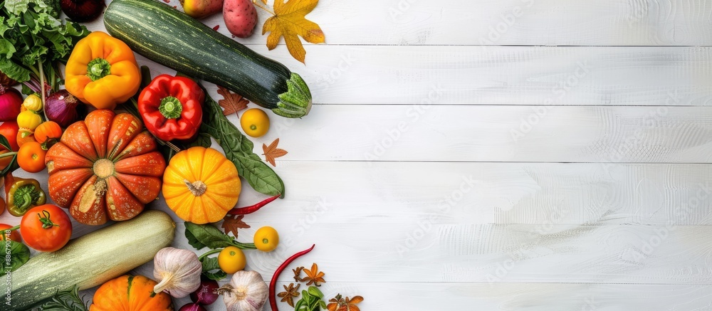 Aufkleber Assorted summer and autumn vegetables displayed on a white wooden table with room for text alongside the copy space image.