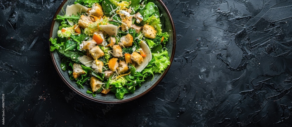 Poster Top-down view of a tasty Caesar salad on a dark surface, with room for text in the image.