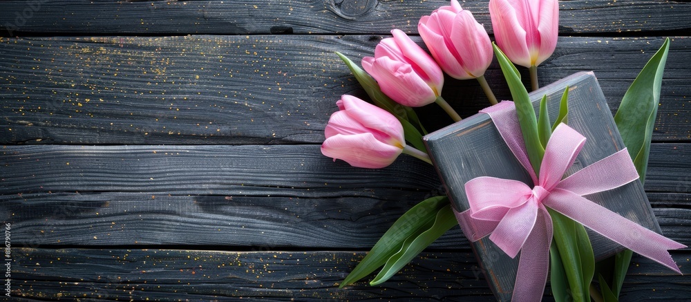 Poster top-down view of a grungy wooden background featuring pink tulips and a gift box tied with a pink ri