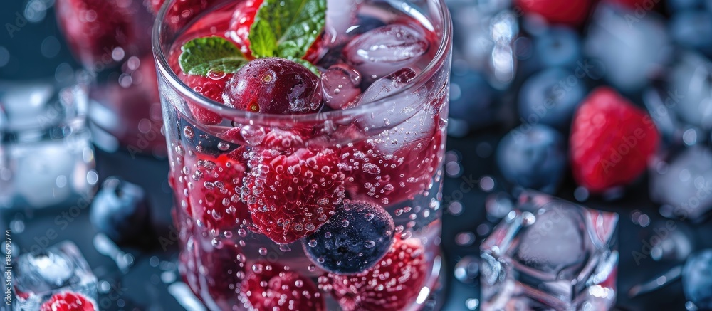 Aufkleber close-up shot of a summer beverage with berries and ice cubes on a table, ideal for a copy space ima