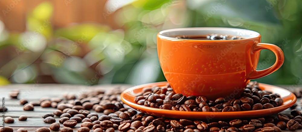 Poster Coffee cup and coffee beans are displayed on a table with empty space for text or logos known as a copy space image.