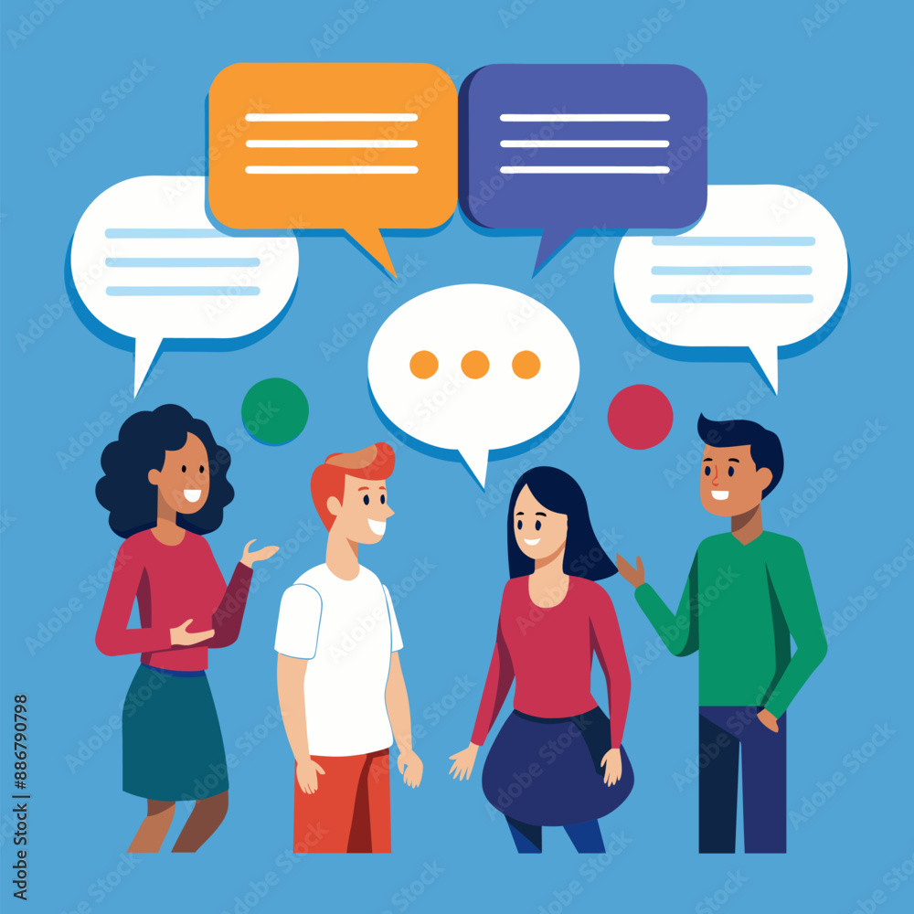 Wall mural characters conversation concept with people and speech bubbles. colleagues discuss business informat