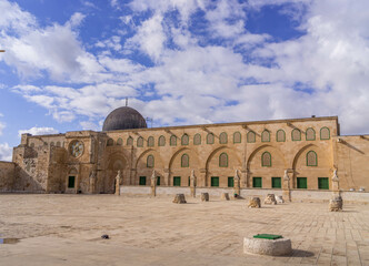 The Al-Aqsa Mosque, the major Islamic prayer hall in the Old City of Jerusalem, Israel, on the Temple Mount.
