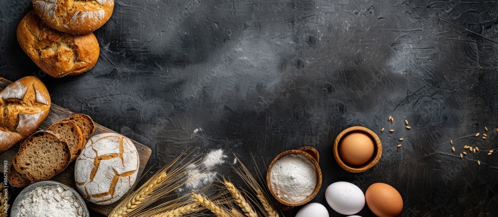 Poster Variety of bread types on a dark background with eggs, flour, wheat ears in a top-view setup for a bakery concept copy space image.
