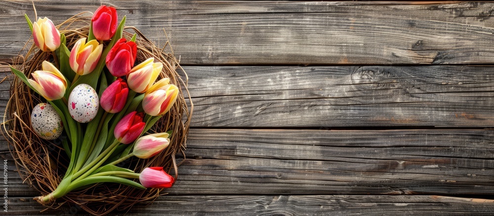 Poster easter-themed greeting card with tulip bouquet, nest of eggs, on rustic wooden backdrop. top view fl