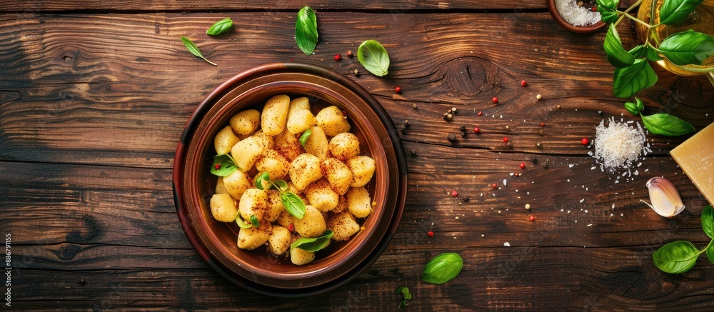 Poster a rustic top-view image featuring fresh gnocchi with cheese sauce on a table, perfect for enticing a