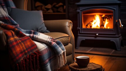 A mug of hot tea is placed on a chair with a blanket along with a fireplace during the winter months.