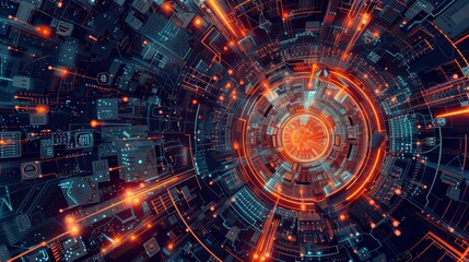 Obraz premium High-tech digital background featuring glowing circles and data lines in a futuristic cityscape, perfect for technology and innovation themes.