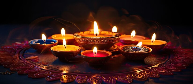 Celebrate Diwali by lighting Diya oil lamps on vibrant rangoli with a space for adding text or images