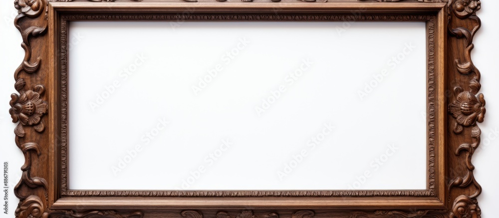 Poster classic vintage brown wooden frame with cut-out canvas against a white backdrop with ample copy spac