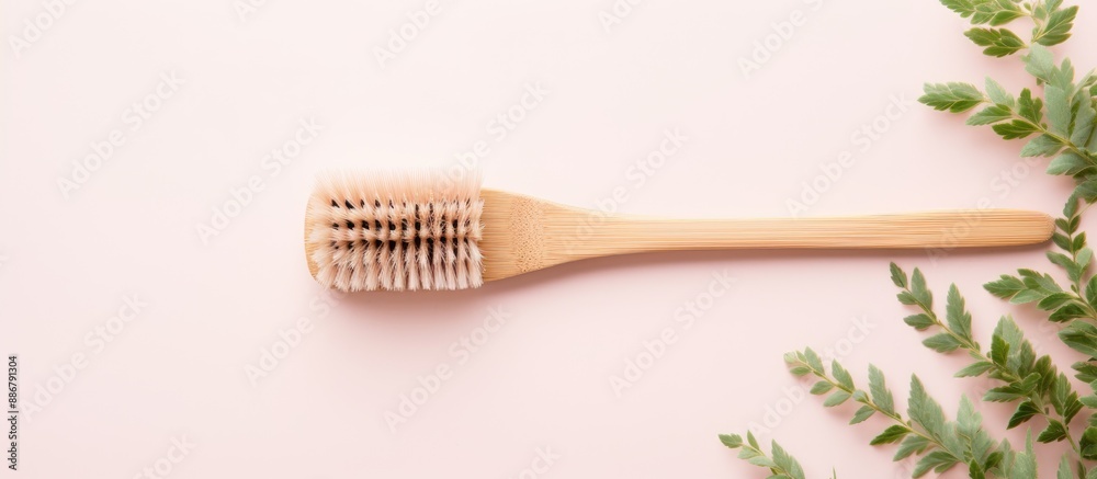 Poster Top view of a bamboo toothbrush with an ecological concept displayed on a light pink background, featuring ample copy space image.