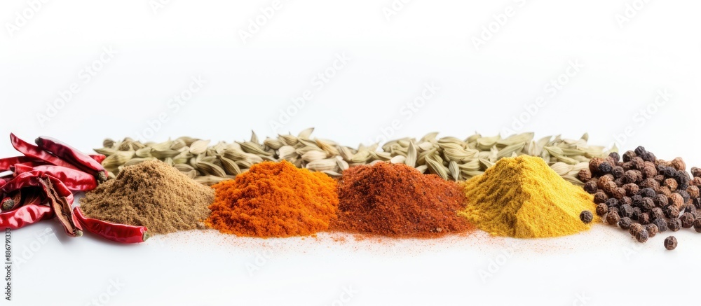 Aufkleber Various spices arranged with blank space for text on a white background for product showcasing or advertisement purposes.