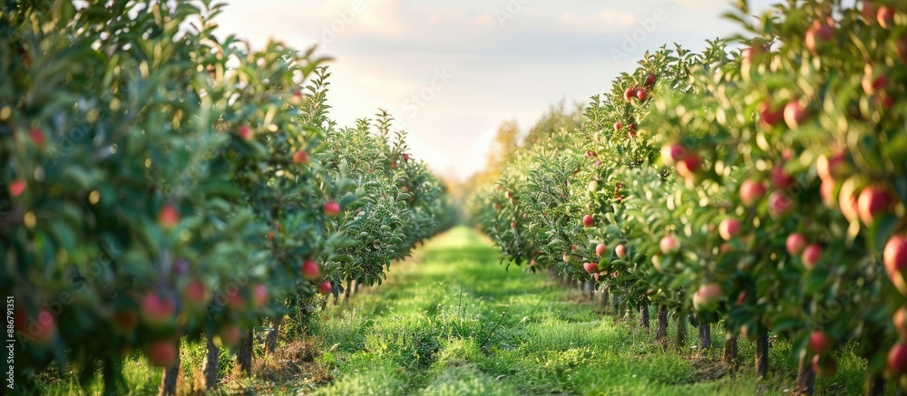 Aufkleber apple trees aligned in rows at a rural pennsylvania orchard, with a clear sky providing ample copy s