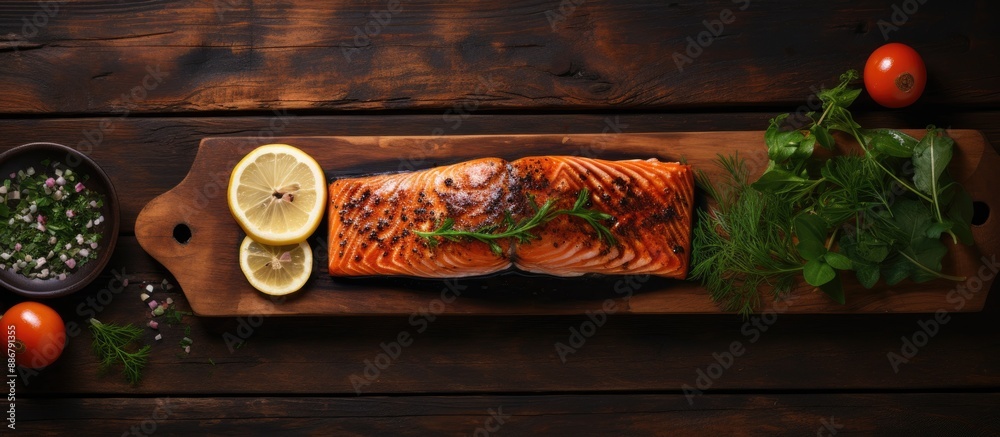 Poster barbecue-grilled salmon, a delicious seafood meal, presented with an appealing serving size in a top