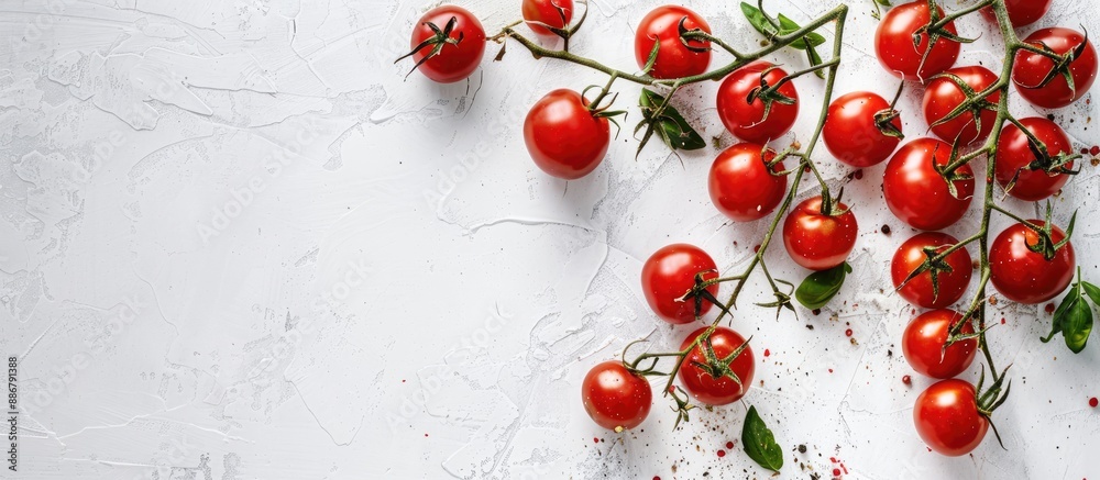 Fototapete rustic white background with tomatoes on the vine creating an appealing copy space image.