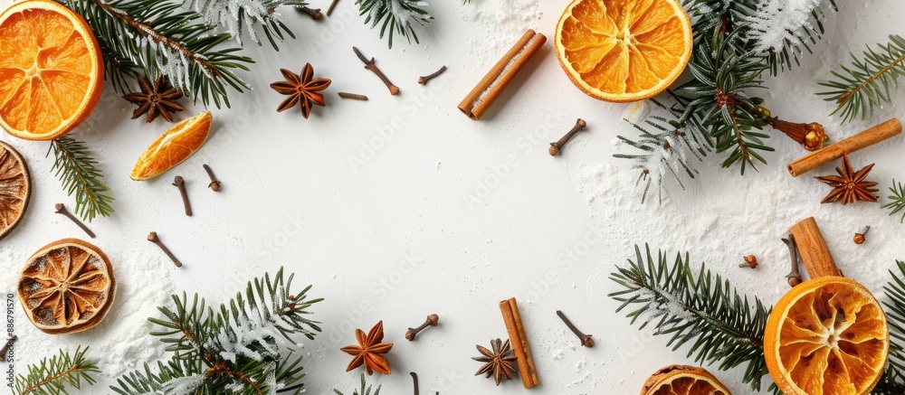 Poster a christmas-themed frame consisting of dried oranges, spices, cinnamon sticks, and coniferous branch