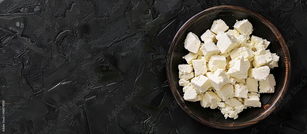 Poster delicious feta cheese arranged against a dark background in a copy space image.
