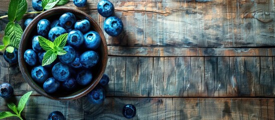Fresh blueberries resting in a bowl on a rustic wooden table, ideal for a wholesome breakfast dish, with ample copy space image.