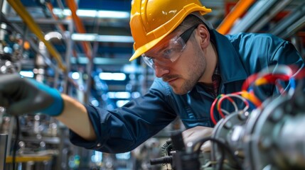 A technician in a blue jumpsuit and safety goggles carefully inspects a complex piece of machinery in a well-lit factory setting