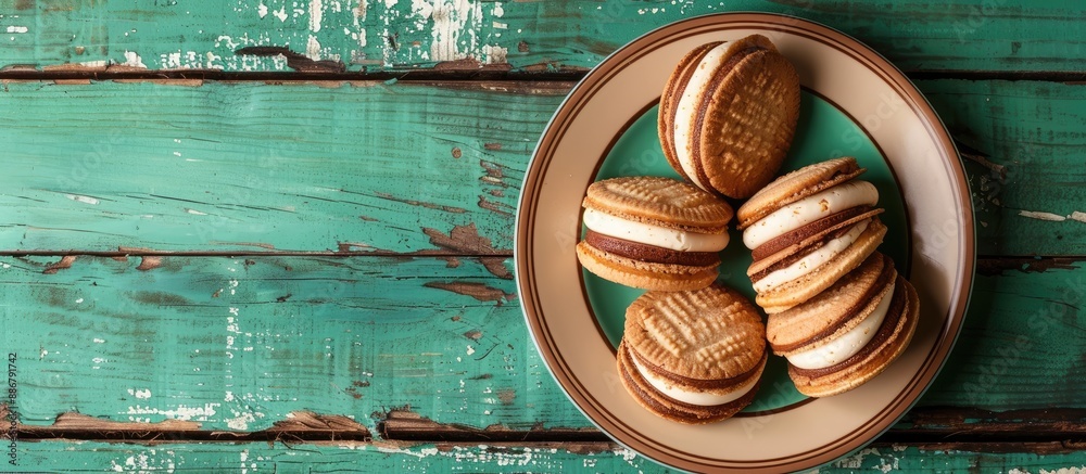 Poster a plate of sandwich cookies with filling set on an aged green wooden backdrop, captured from above t
