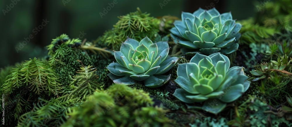 Aufkleber A trio of petite succulent plants is nestled in a forest setting, encircled by lush lichens, creating an enchanting scene with a copy space image.