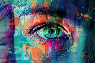 Vibrant abstract collage showcasing human eye, blending vivid colors and geometric shapes in a captivating, artistic digital illustration.