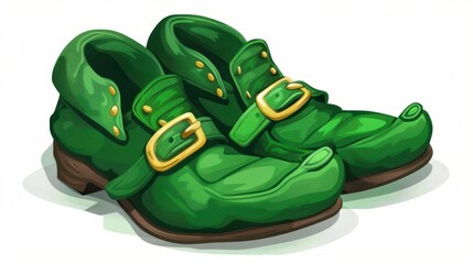 a leprechaun shoes with gold buckle clipart, holiday footwear, vector illustration, green, isolated on white background