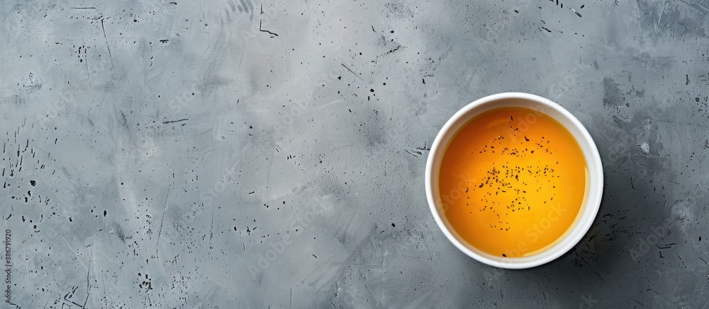 Aufkleber A nourishing bowl of broth on a gray background seen from above, creating an ideal layout for adding a picture or text, suitable for a banner design.