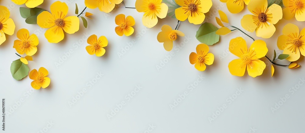 Poster paper background adorned with bright yellow spring flowers, ideal for copy space image.